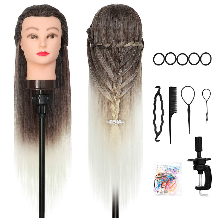 DANSEE 28" Mannequin Head Hair Styling Training Head Manikin Cosmetology Doll Head Synthetic Fiber Hair with DIY Braiding Set+ Free Table Clamp(4-613