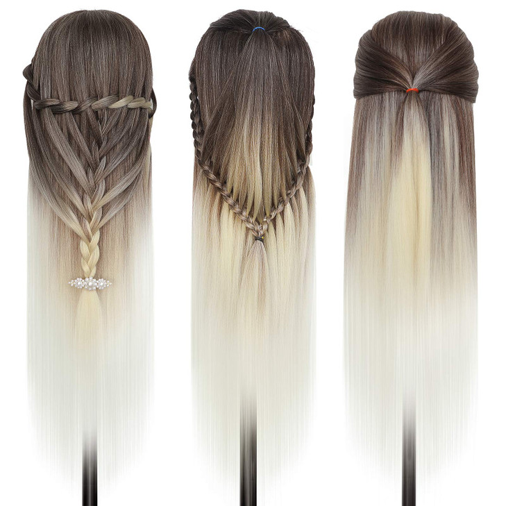 DANSEE 28" Mannequin Head Hair Styling Training Head Manikin Cosmetology Doll Head Synthetic Fiber Hair with DIY Braiding Set+ Free Table Clamp(4-613