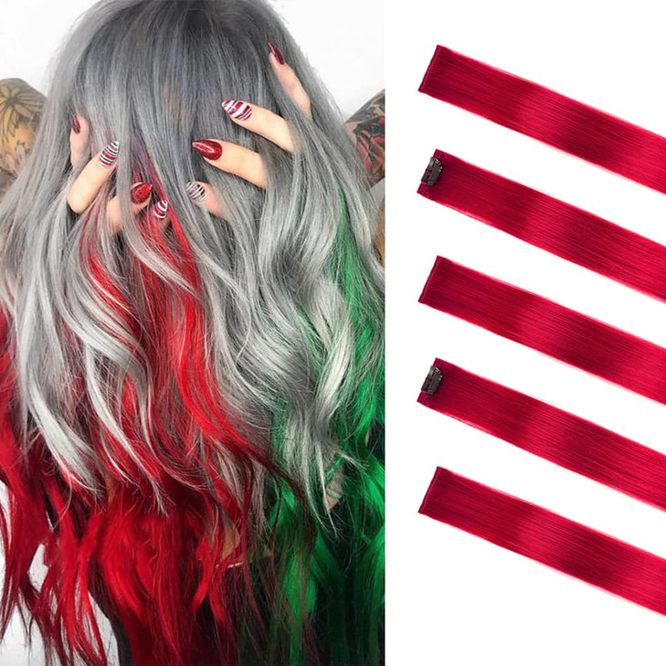 Winsky Red Hair Extensions Clip in Human Hair - 100% Straight Party Highlights Clip on Colored Hair Extensions 5 Pieces/Set (18inch,Red)