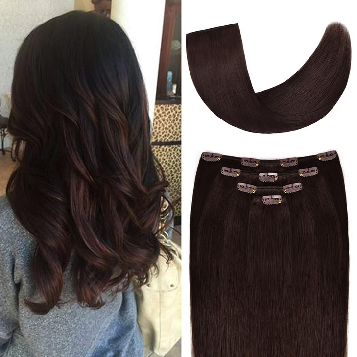 12" Clip in Hair Extensions Remy Human Hair for Women - Silky Straight Human Hair Clip in Extensions 50grams 4pieces Dark Brown #2 Color