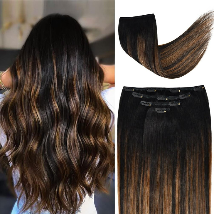 20" Hair Extensions Balayage Clip in Human Hair for Women - Silky Straight Natural Black to Chestnut Brown Highlight Black Ombre Hair 75grams 4pieces