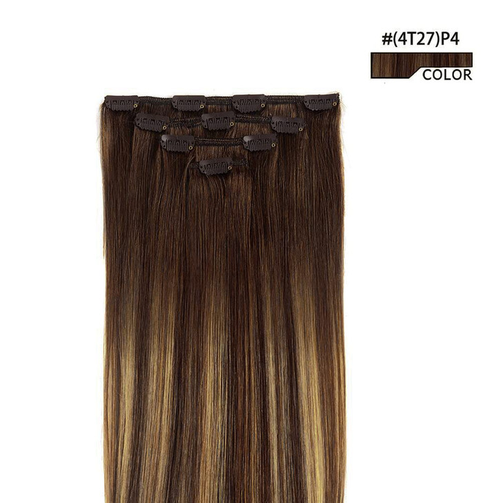 12" Hair Extensions Balayage Clip in Human Hair for Women - Silky Straight Chocolate Brown to Honey Blonde Highlight Brown Ombre Hair 50grams 4pieces