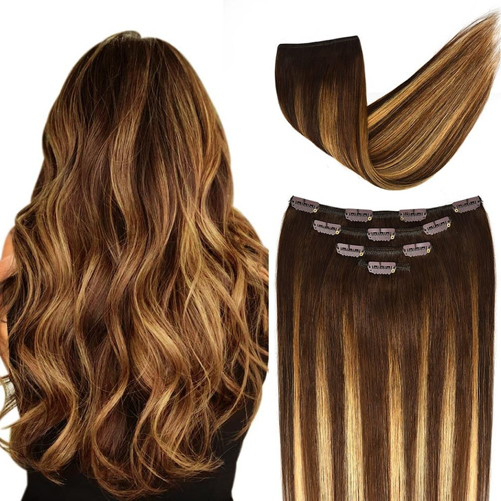 14" Clip in Hair Extensions Balayage Human Hair for Women - 4pieces Silky Straight Chocolate Brown to Honey Blonde Highlight Brown Ombre Hair 50grams