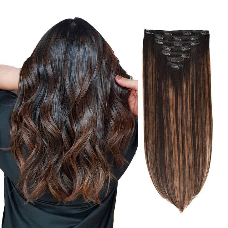 Clip in Hair Extensions Real Human Hair 120g 7pcs Human Hair Clip in Extensions 18 Inch Natural Black Mixed Chestnut Brown #1B/6/1B Thickened Straigh