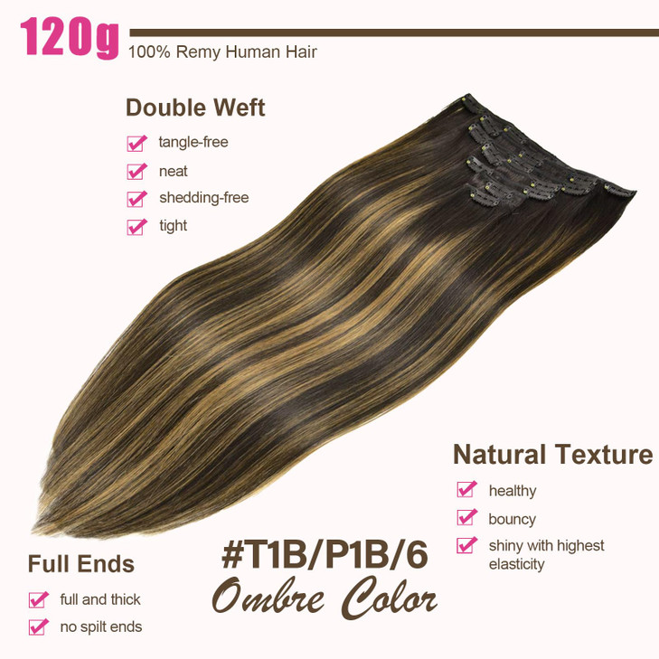 Clip in Hair Extensions Real Human Hair 120g 7pcs Human Hair Clip in Extensions 18 Inch Natural Black Mixed Chestnut Brown #1B/6/1B Thickened Straigh