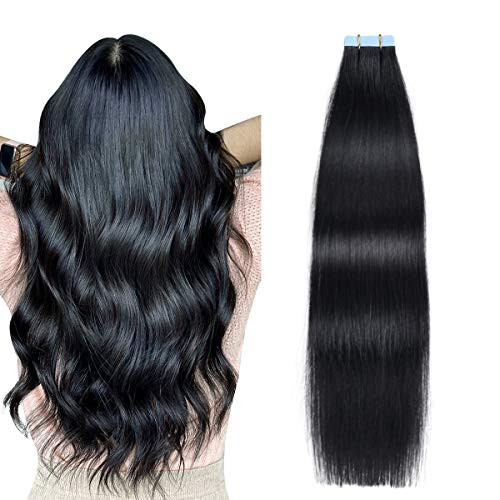SUYYA Tape in Hair Extensions 100% Remy Human Hair 16 inches 20pcs 40g/pack Straight Seamless Skin Weft Tape Hair Extensions(16 inches #1 Jet Black)