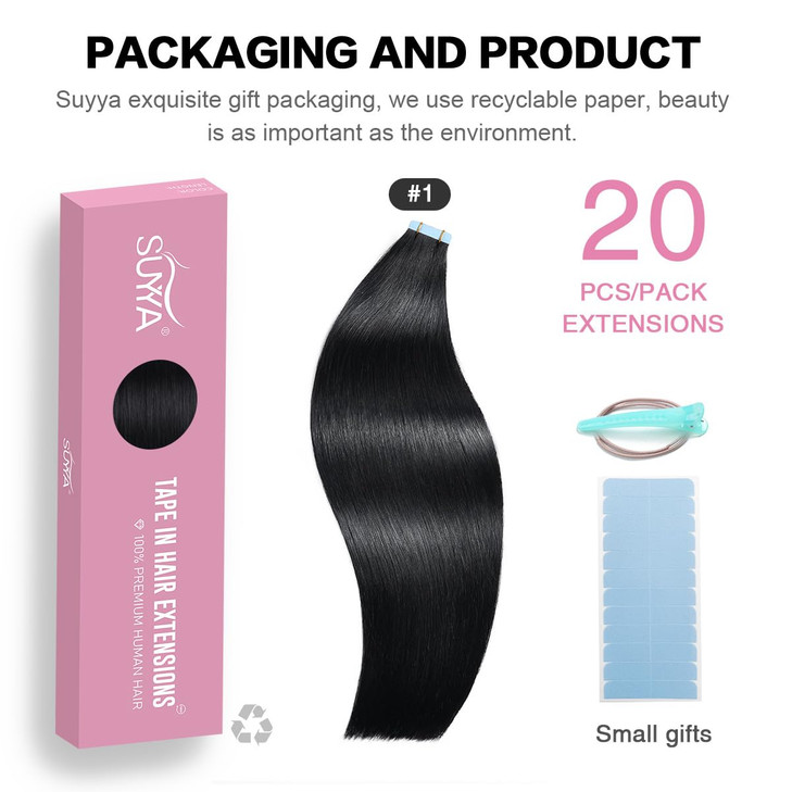 SUYYA Tape in Hair Extensions Human Hair 18 inches 50g/pack 20pcs Straight Seamless Skin Weft Jet Black Tape Hair Extensions (18 inches #1 Jet Black)