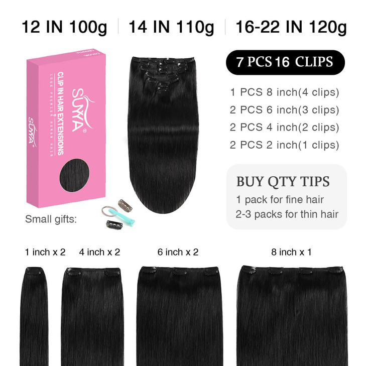 SUYYA Clip in Hair Extensions Real Human Hair,Jet Black Clip in Hair Extensions Human Hair Straight Hair Extensions Clip ins Double Weft 7pcs 120g (2