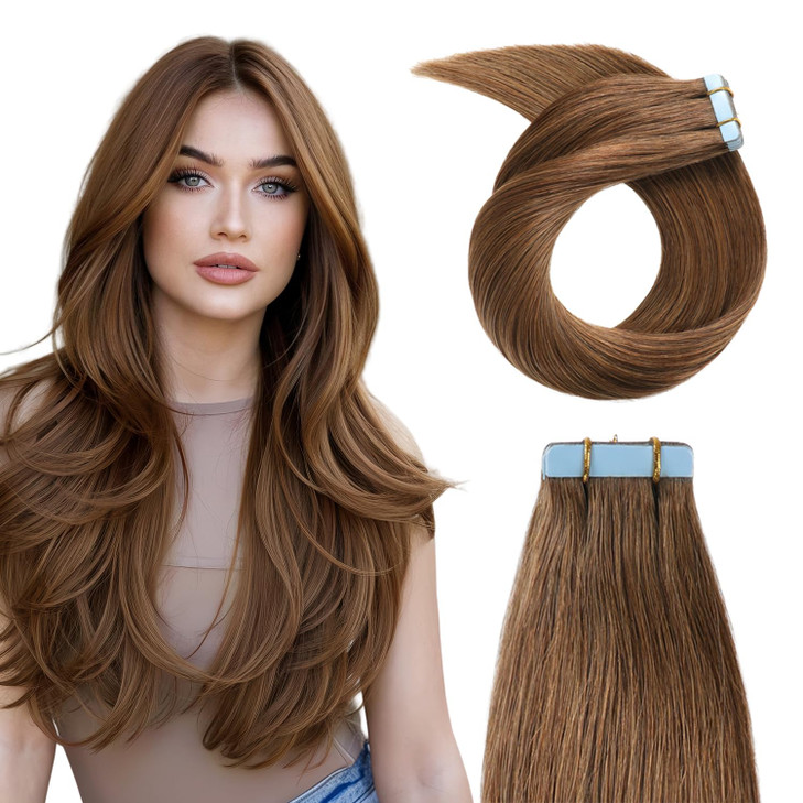 YILITE Tape in Hair Extensions Human Hair 16 inches 20pcs 40g Silky Straight Remy Tape in Hair Extensions #6 Chestnut Brown