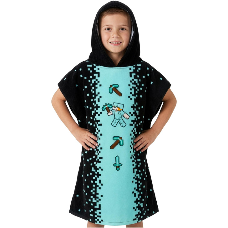 Minecraft Towelling Poncho Kids Teens Hooded Bath Towels Absorbent Beach Towel (Black/Blue, 10-13 Years)