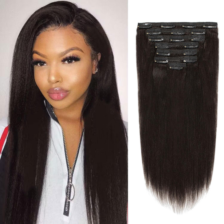 Loxxy Brazilian Yaki Straight Clip in Hair Extensions Real Human Hair 12 inch 100% Remy Unprocessed Soft Clip on Extensions Full Head Natural Color #