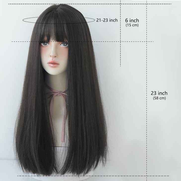 7JHH WIGS Long Straight Wig With Bangs Hair Dye Black Wig for Women Synthetic Natural Black Hair Party And Cosplay Premium Soft Wig(23 inch Black)