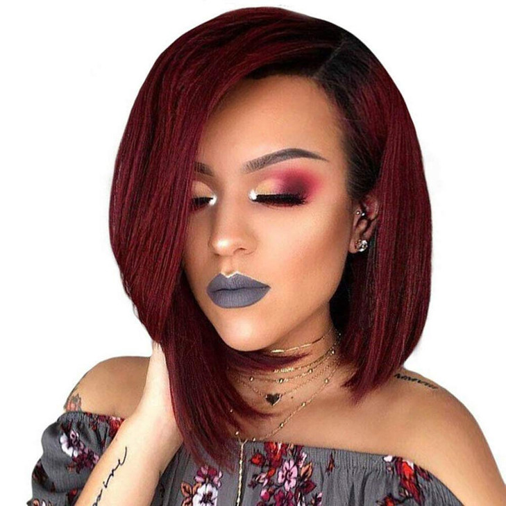 Choshim Hair Ombre 99J Color Short Bob Lace Front Wig Virgin Remy Human Hair Two Tone Burgundy Color 150% Density Middle Part Blunt Cut Bob Wig(8 Inc