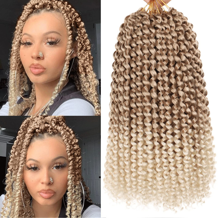 Leeven 7 Packs 12 Inch Passion Twist Hair Ombre Blonde Water Wave Crochet Braids for Passion Twist Crochet Braiding Hair Short Bob Distressed Butterf