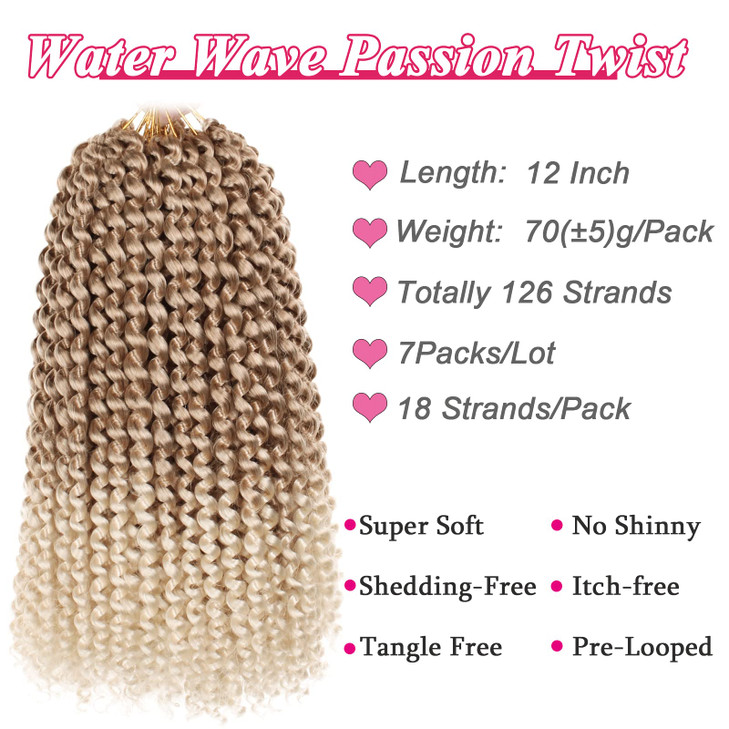 Leeven 7 Packs 12 Inch Passion Twist Hair Ombre Blonde Water Wave Crochet Braids for Passion Twist Crochet Braiding Hair Short Bob Distressed Butterf