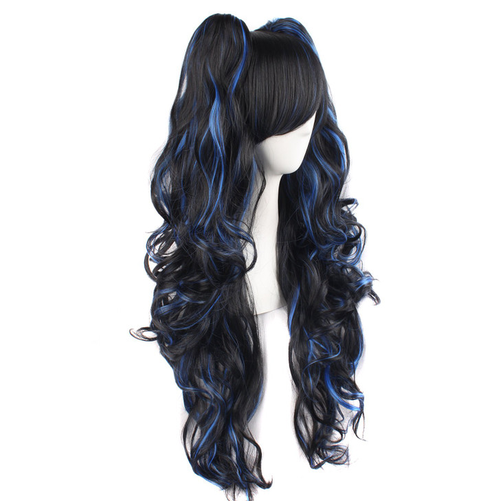 MapofBeauty Multi-color Lolita Long Curly Clip on Ponytails Cosplay Wig (Black/Blue)