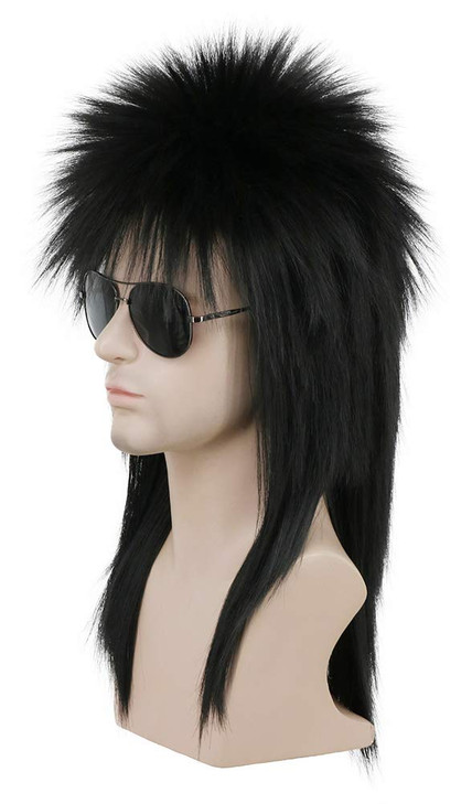 karlery Men Women Long Straight Black Wig 70s 80s Heavy Metal Rocker Wig Disco Mullet Wig