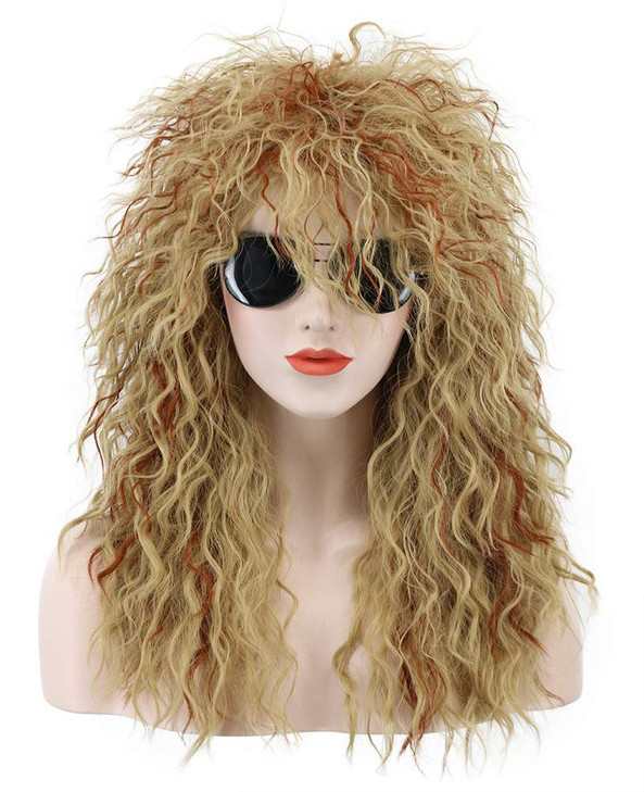 karlery Men Women Long Curly Orange Mix Blonde 70s Heavy Metal Rocker Mullet Wig 80s Costume Anime Wig