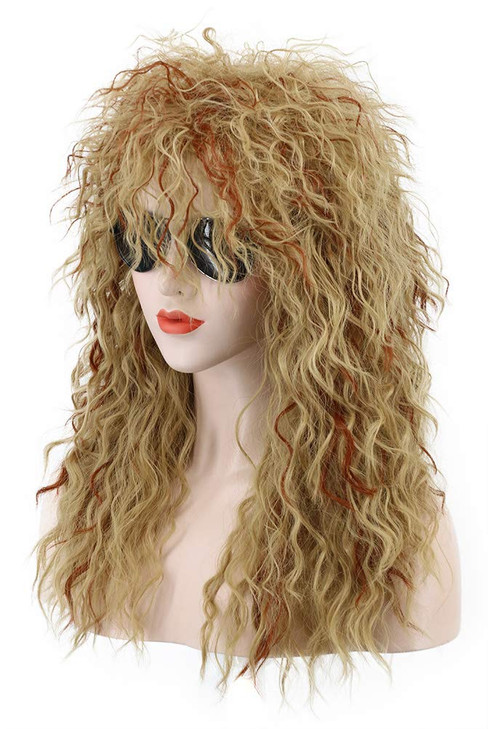 karlery Men Women Long Curly Orange Mix Blonde 70s Heavy Metal Rocker Mullet Wig 80s Costume Anime Wig