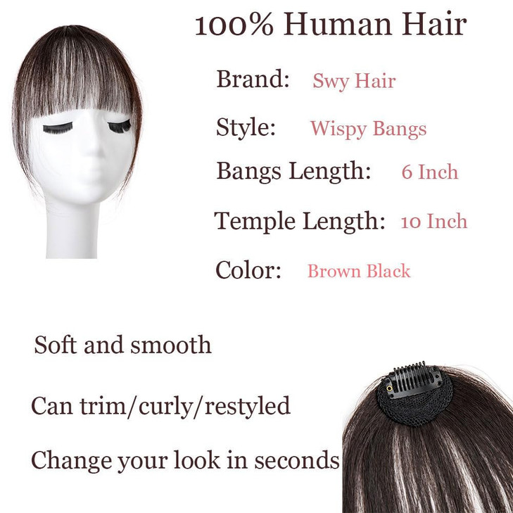 Bangs Hair Clip in Bangs 100% Real Human Hair Extensions Wispy Bangs French Bangs Clip on Air Bangs for Women (A-Brown Black, Wispy Bangs)