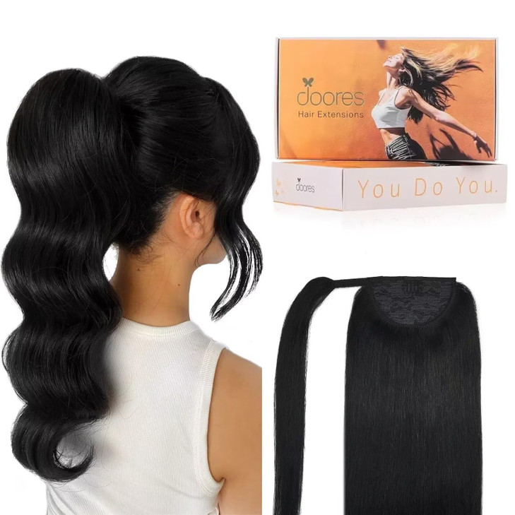 DOORES Ponytail Extension Human Hair clip in hair extensions Jet Black 14 Inch 75g Hair Extensions Clip in Human Hair Straight Wrap Around Ponytail H