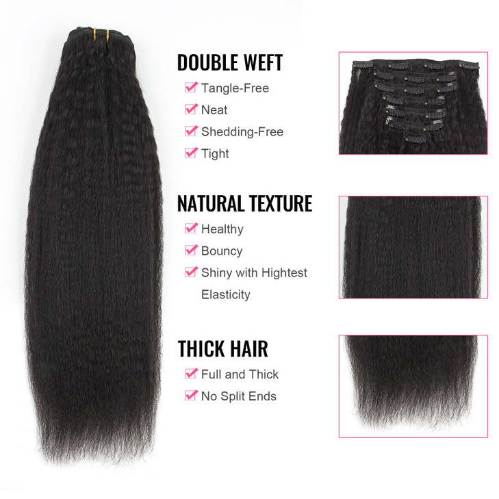 AmazingBeauty Kinkys Straight Human Hair Clip in Extensions 8A Grade Thick 100% Virgin Hair Natural Black 7 Pieces with 17 Clips 120g/4.2oz per Set F