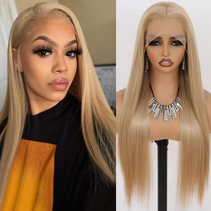 Maycaur Blonde Lace Front Wigs Pre Plucked Hairline Long Wigs for Black Women Glueless Straight Hair Blond Lace Front Synthetic Wigs Heat Resistant F