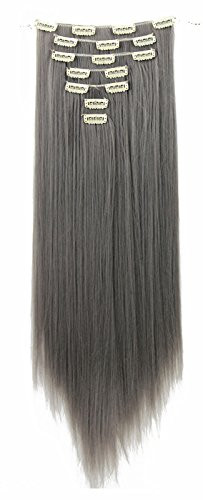 SWACC Women 22 Inches Straight Full Head 7 Separate Pieces Heat Resistance Synthetic Hair Clip in Hair Extensions (Grey)