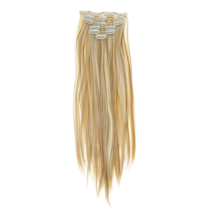 SWACC Women 22 Inches Straight Full Head 7 Separate Pieces Heat Resistance Synthetic Hair Clip in Hair Extensions (Strawberry Blonde/Bleach Blonde Hi