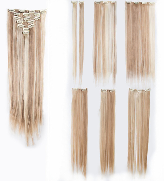 SWACC Women 22 Inches Straight Full Head 7 Separate Pieces Heat Resistance Synthetic Hair Clip in Hair Extensions (Dark Honey Blonde/Bleach Blonde Hi