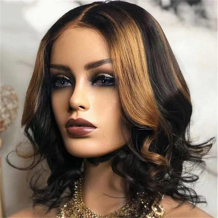 AimeileMiss Short Women's Ombre Wigs Synthetic Lace Front Medium Wavy Brown/Blonde Highlights Color 30#/27# Natural hairline 160% Density Balayage Ha