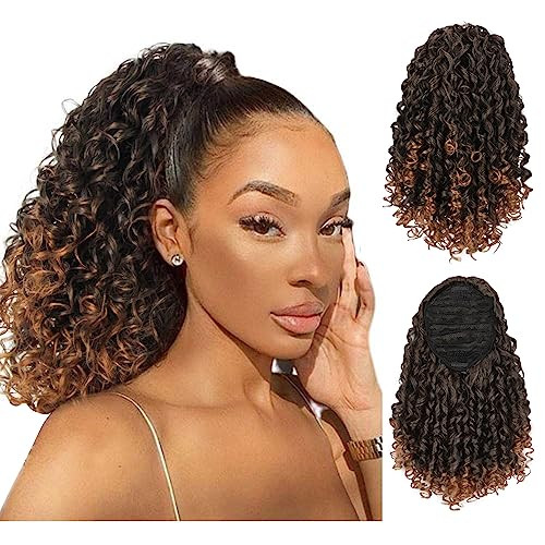 AISI BEAUTY Curly Ponytail Extension for Black Women Drawstring Ponytail Hair Extensions 14 Inch Synthetic Pony Tail Mix Brown Fake Ponytail with 2 C