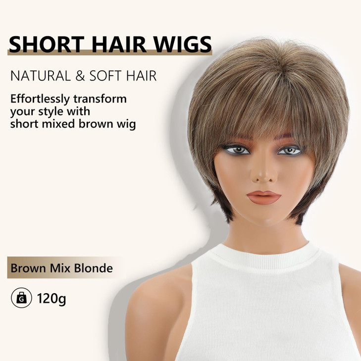 SEVENCOLORS Short Hair Wigs with Bangs Dark Brown Mixed Blonde Pixie Cut Wig for Women Straight Synthetic Fiber Wigs