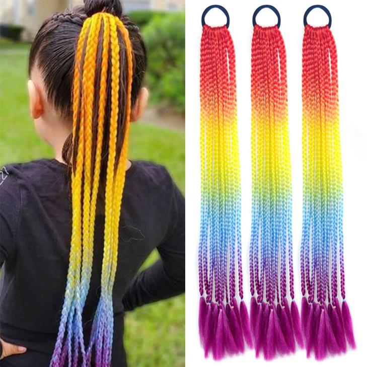 Colored Braids Hair Extensions with Rubber Bands Rainbow Braided Synthetic Hairpieces Ponytail Hair Accessories False Overhead Tail for Girls 24 inch