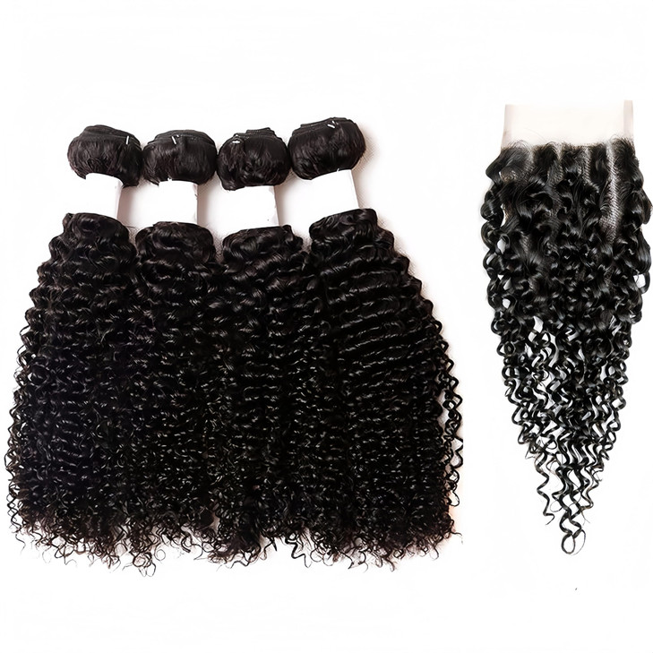 Mongolian Kinkys Curly Hair with Middle Part Closure Human Hair 4Bundles(50g/bundle) with Lace Closure Mongolian Curly Weave Bundles with Closure(10/