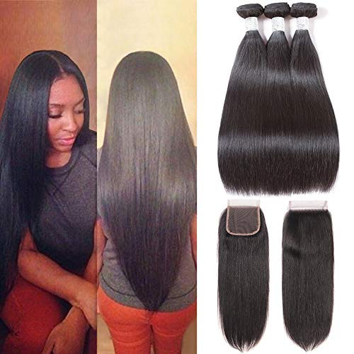Subella Straight Hair 3 Bundles with Closure (14 16 18+12) 10A Unprocessed Brazilian Virgin Human Hair Bundles with Lace Closure Free Part