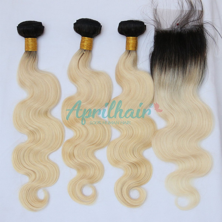Aprilhair Pre-plucked 3 Bundles With 4x4 Lace Closure Dark Root 1B/613 Platinum Blonde 2 Tone Ombre Unprocessed Brazilian Virgin Human Hair Weave Bod