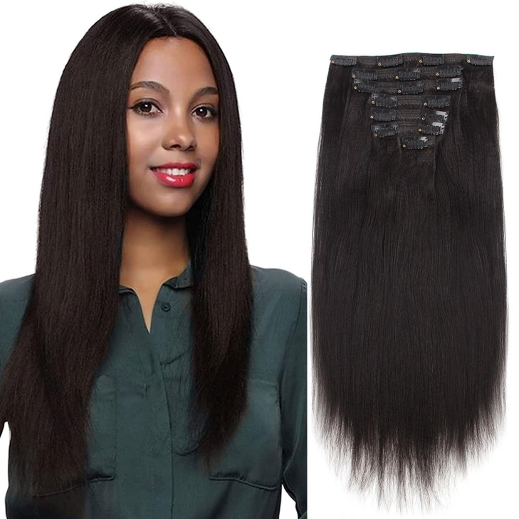 ABH AmazingBeauty Hair Yaki Straight Clip Hair Extensions Human Hair Real Remy Thick Yaki Clip in for African American Relaxed Hair 7 Pieces 120 Gram