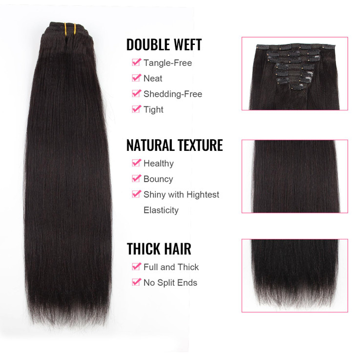 ABH AmazingBeauty Hair Real Remy Thick Yaki Straight Clip Ins Black Hair Extensions for African American Relaxed Hair 7 Pieces 120 Gram Per Set, 14 I