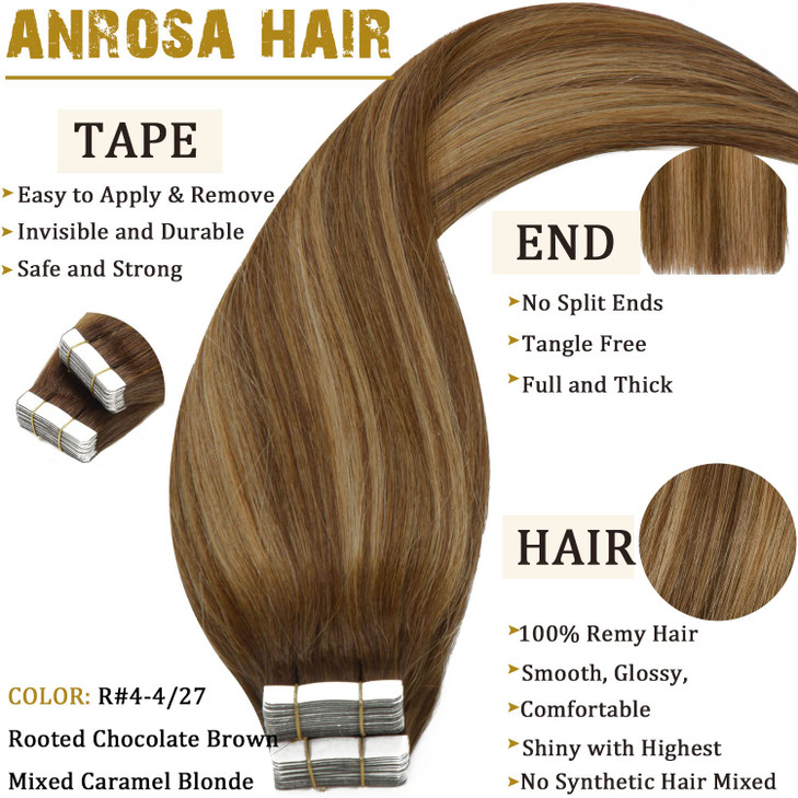 Anrosa 20pcs 50g Ombre Chocolate Brown to Caramel Blonde Remy Human Hair Extensions Balayage Seamless Straight Real Tape in Natural Hair 16 Inch