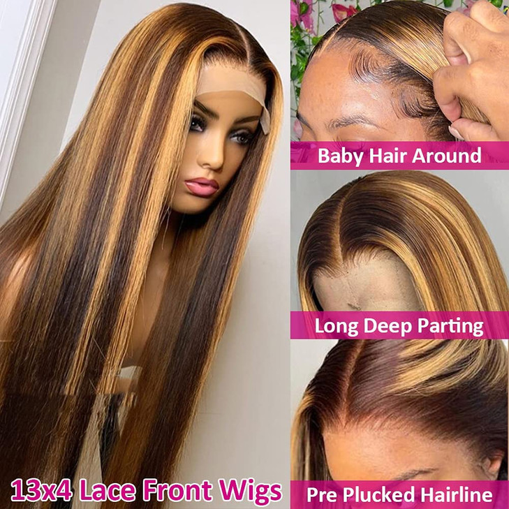 Pizazz 13x4 HD Transparent Lace Front Wigs Human Hair Pre Plucked highlight Color Brazilian Straight Lace Frontal Human Hair Wigs for Women 4/27 Colo
