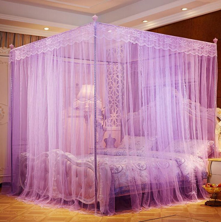 Nattey 4 Corners Princess Bed Curtain Canopy Canopies for Girls Boys Adults Bed Gift (Twin, Purple)