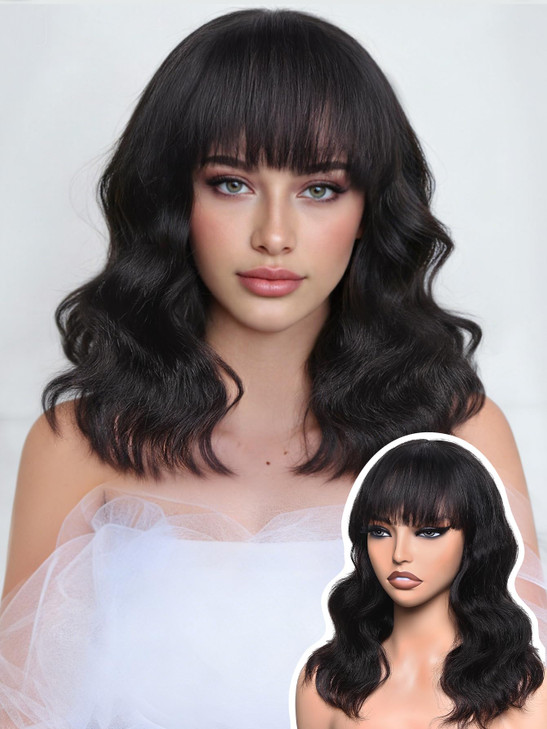WIGNEE Natural Wave Wigs with Bangs 100% Brazilian Human Hair Fashion Wave Wigs Natural Black (14 Inch)
