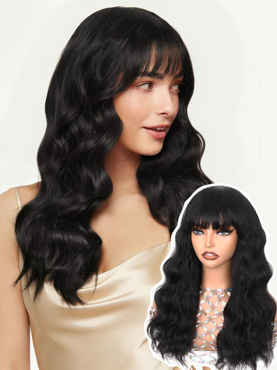 WIGNEE 100% Virgin Human Hair Wig Natural Wave Wigs with Bangs Brazilian Human Hair Wave Wigs Natural Black Color (18 Inch)