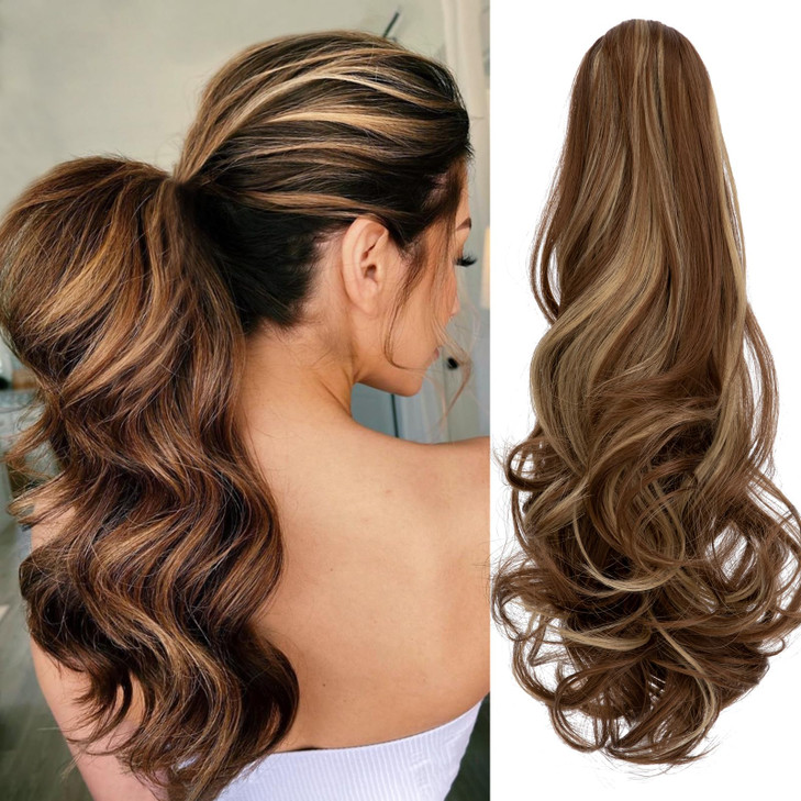 Leterly Ponytail Extension Clip in Claw 18" Curly Wavy Pony Tails Clip-on Long Hairpiece Jaw for Women Ash Blonde Mix Light Brown