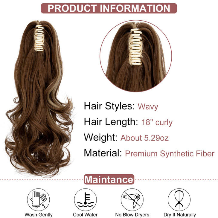 Leterly Ponytail Extension Clip in Claw 18" Curly Wavy Pony Tails Clip-on Long Hairpiece Jaw for Women Ash Blonde Mix Light Brown
