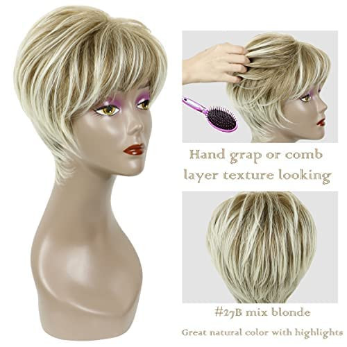 PHOCAS Pixie Cut Wigs Short Stylish Fluffy Layer Wig None Lace Replacement Wig with Bangs for Women Brown Mix Blonde Wig Short