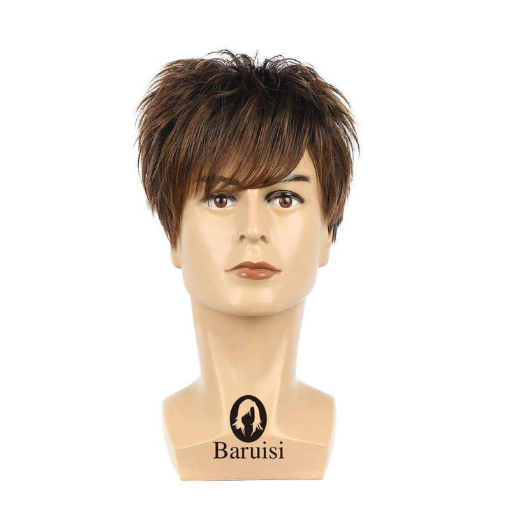Baruisi Mens Short Wig Brown Layered Natural Synthetic Costume Cosplay Hair Wig