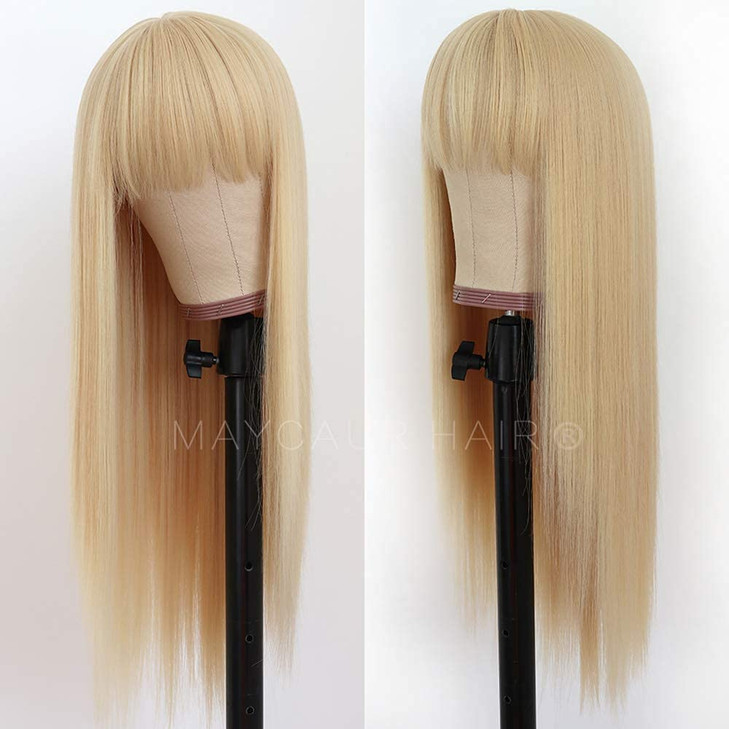 Maycaur Blonde Synthetic Hair Wigs with Full Bangs #613 Color Long Straight Women's Wig Heat Resistant Synthetic No Lace Wigs for Fashion Women