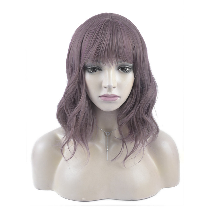 DAOTS Curly Wigs with Bangs for Women Girls Synthetic Wavy Hair Wig (14 Inches, Wine Red)